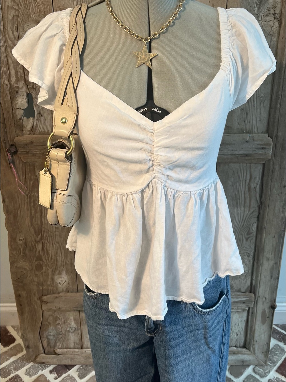 White Ruffle-Sleeve Flowy Babydoll Cotton Top- Breezy V-Neck